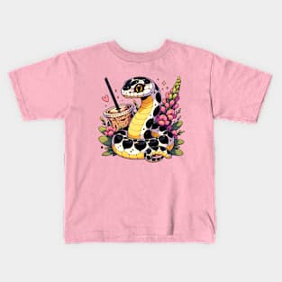 Cute Chibi Coffee Snake with Flowers Kids T-Shirt